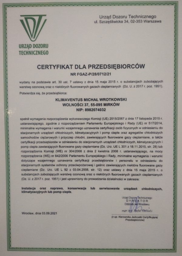 Certyfikat montaż klimatyzacji wrocław UDT